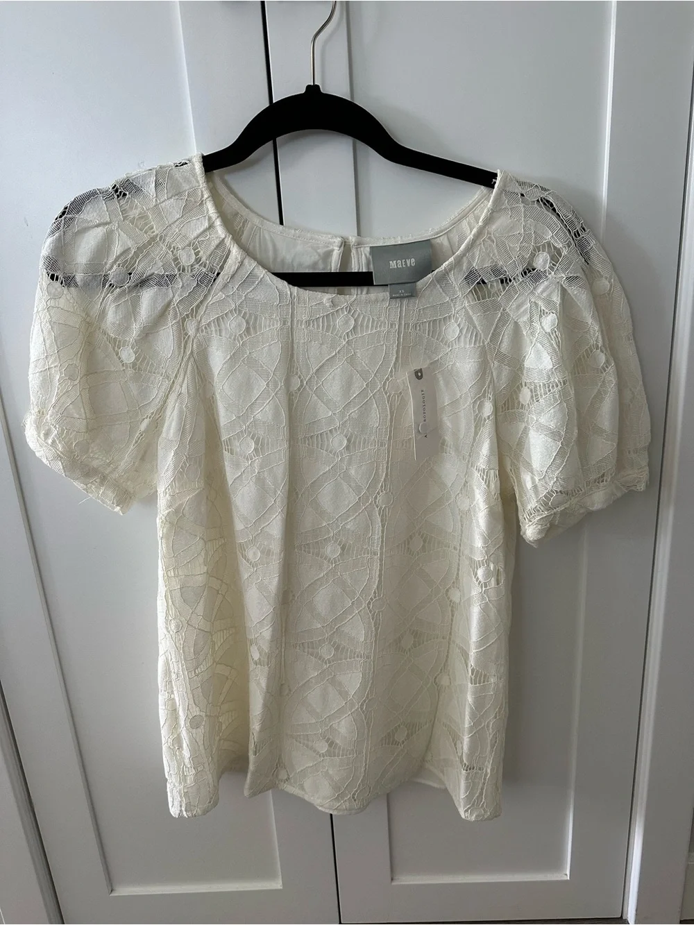 NWT Anthropologie Ivory Lace Puff-Sleeve Blouse